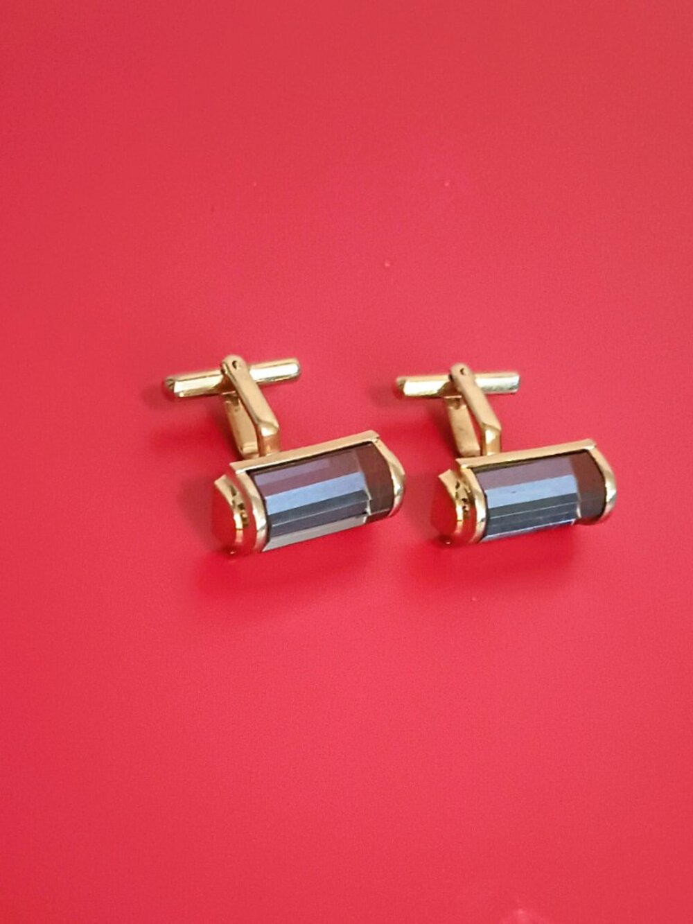 Gold Tone Rectangle Cufflinks with Blue Beveled Color Change Glass